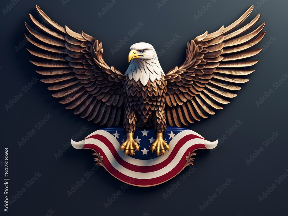 Obraz premium A gold eagle is perched on a flag with the American flag underneath it