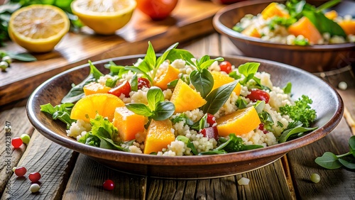 Refreshing And Delicious Couscous Salad With Roasted Butternut Squash, Greens, And A Tangy Lemon Vinaigrette Dressing. photo