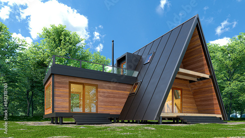 Exterior of A-frame house. 3d illustration