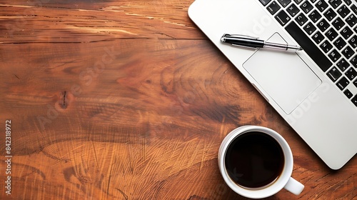 Work from home desk office with laptop blank notepad coffee cup and pen on wood table Flat lay top view copy spce : Generative AI photo