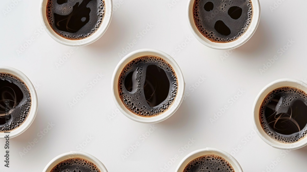 Transport yourself to a coffee lover's paradise with this enticing set of paper take away cups, each brimming with rich, aromatic black coffee. Against a pristine white background, the top view Transport yourself to a coffee lover's paradise with this enticing set of paper take away cups, each brimming with rich, aromatic black coffee. Against a pristine white background, the top view