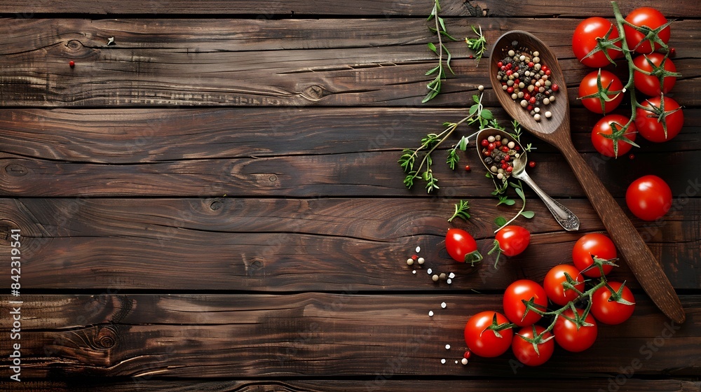 Cooking background home cooking concept Ripe tomatoes spoon herbs and spices on wooden background top view copy space : Generative AI Cooking background home cooking concept Ripe tomatoes spoon herbs and spices on wooden background top view copy space : Generative AI