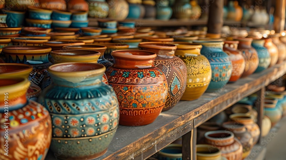 Neatly arranged rows of artisan-crafted ceramic pots displayed on wooden shelves in a sunlit market, symbolizing the timeless artistry and meticulous craftsmanship in traditional pottery. Neatly arranged rows of artisan-crafted ceramic pots displayed on wooden shelves in a sunlit market, symbolizing the timeless artistry and meticulous craftsmanship in traditional pottery.