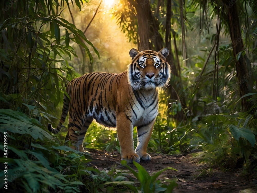 Fototapeta premium Majestic Tiger Walking Through Dense Jungle at Dusk with Sunlight Filtering Through Trees