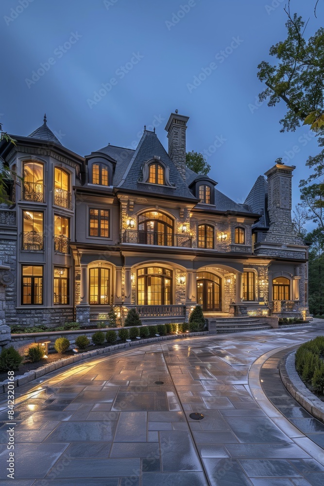 Fototapeta premium A luxurious mansion with a grand façade and expansive driveway. Reflecting luxury and sophistication