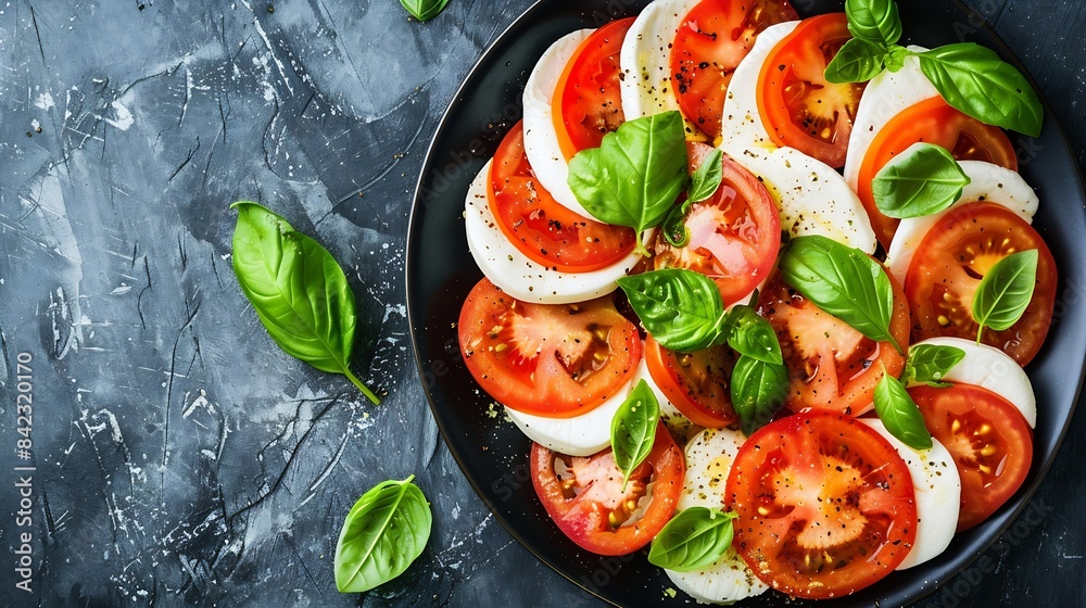 Salad Caprese with tomato mozzarella and basil top view : Generative AI Salad Caprese with tomato mozzarella and basil top view : Generative AI