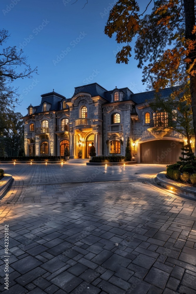Fototapeta premium A luxurious mansion with a grand façade and expansive driveway. Reflecting luxury and sophistication