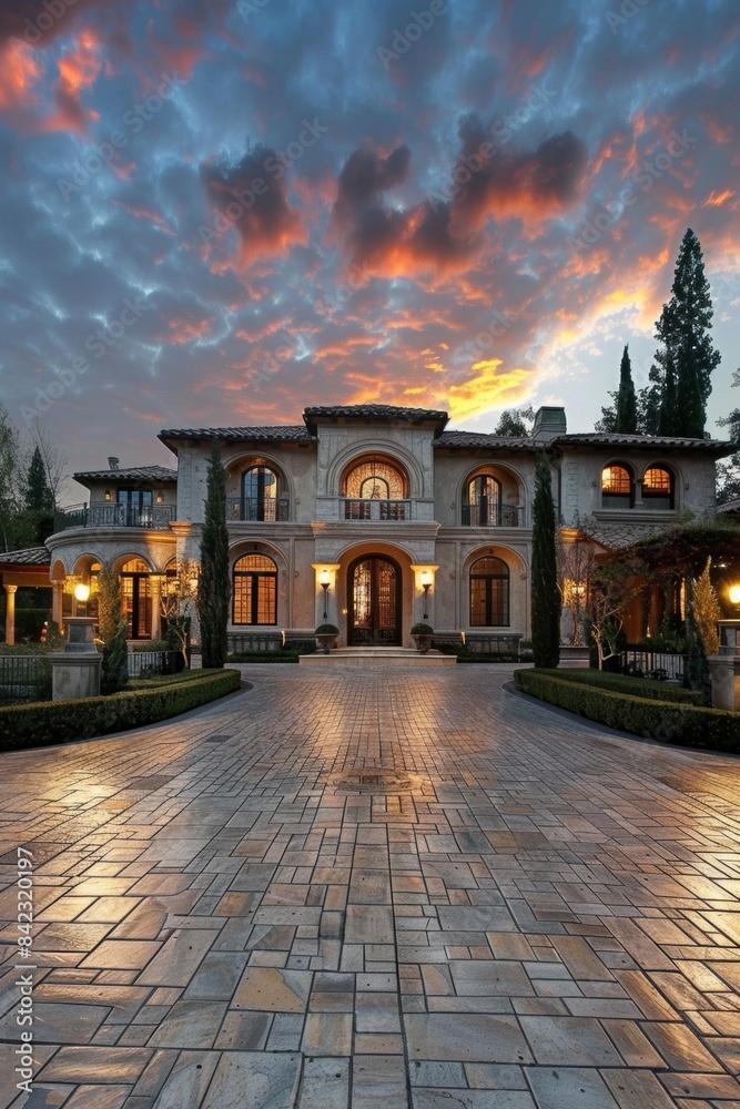 A luxurious mansion with a grand façade and expansive driveway ...