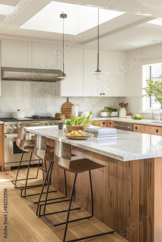 Stylish Contemporary Kitchen with Modern Appliances  Island  and Cookbooks in Bright Natural Light