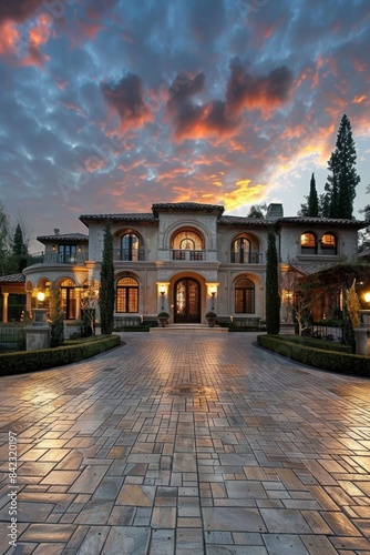 A luxurious mansion with a grand façade and expansive driveway. Reflecting luxury and sophistication