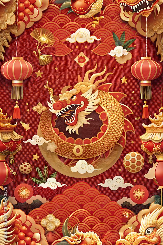 Obraz premium Happy Chinese New Year cover brochure set in flat design. Poster templates with lanterns, gold zodiac Dragon