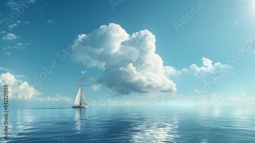 Sailing on the sea, blue sky with white clouds, a sailboat in front of it. photo