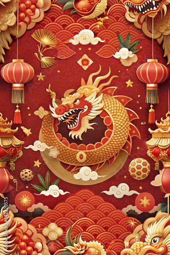 Happy Chinese New Year cover brochure set in flat design. Poster templates with lanterns  gold zodiac Dragon