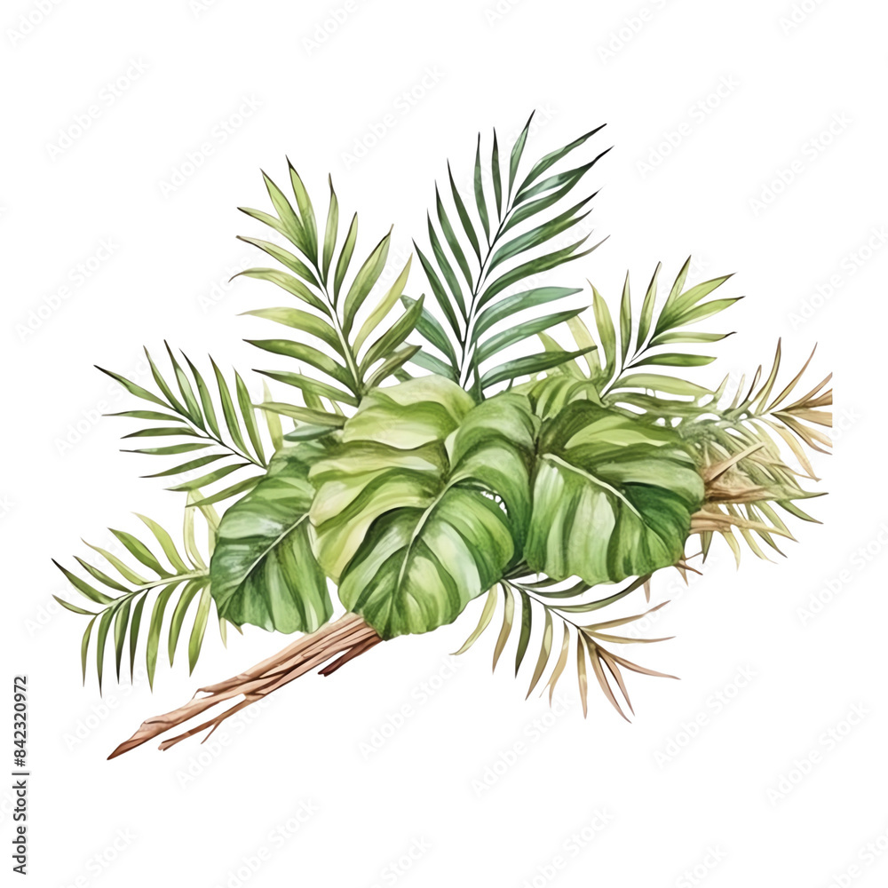 Beautiful watercolor tropical leaves arrangement of various green shades, perfect for natural-themed designs and artistic projects. Beautiful watercolor tropical leaves arrangement of various green shades, perfect for natural-themed designs and artistic projects.