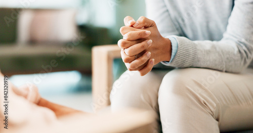 Cuadro en lienzo Psychology, mental health or woman hands with psychologist in consultation office for mind, assessment or evaluation