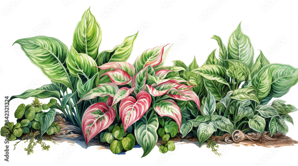 Obraz premium Beautiful arrangement of green and pink tropical foliage with various leaf shapes illuminated by natural light in a garden setting.