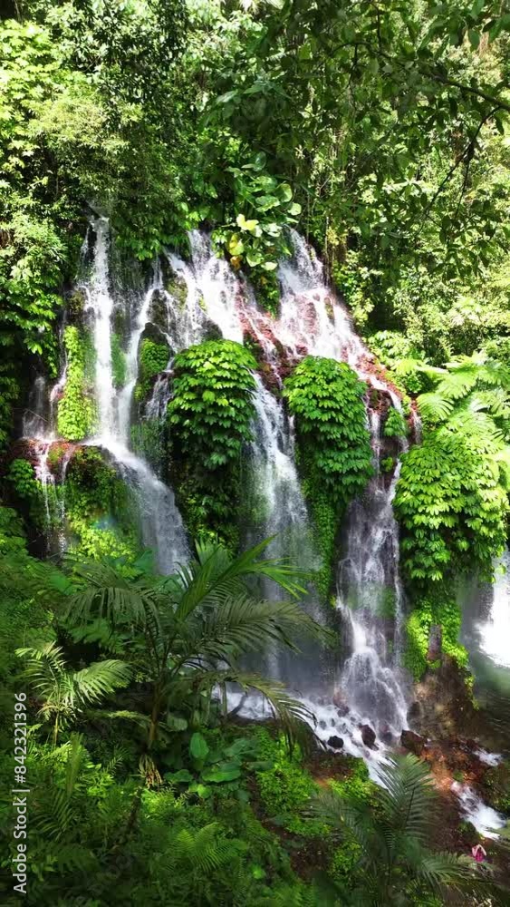 Aerial view of Banyu Wana Amertha Waterfall in Buleleng, Bali, Indonesia.