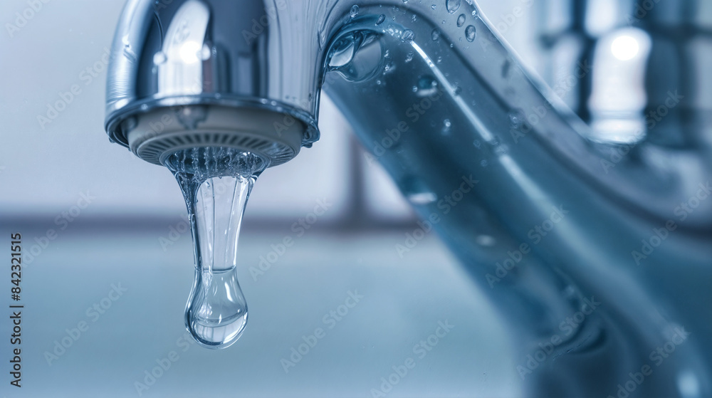 A water drop falling from a faucet into a sink basin. The droplets are clear and appear to be transparent. A water drop falling from a faucet into a sink basin. The droplets are clear and appear to be transparent.