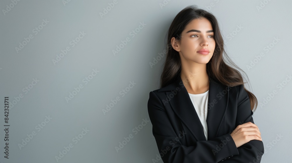 A professional-looking young woman with dark hair gazes thoughtfully away from the camera A professional-looking young woman with dark hair gazes thoughtfully away from the camera