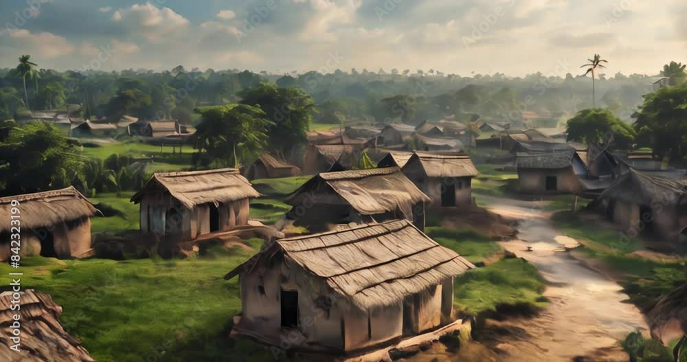Rural Village Homes in a Lush Green Landscape at Sunrise Rural Village Homes in a Lush Green Landscape at Sunrise