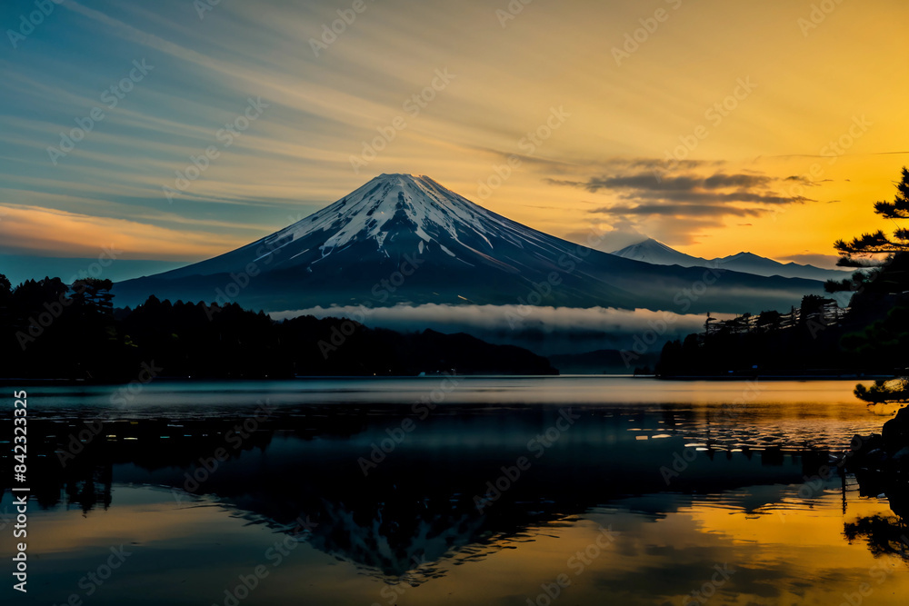 Captivating image of Mount Fuji at sunset, overlooking a tranquil lake with colorful wildflowers and lush trees, creating a serene landscape 