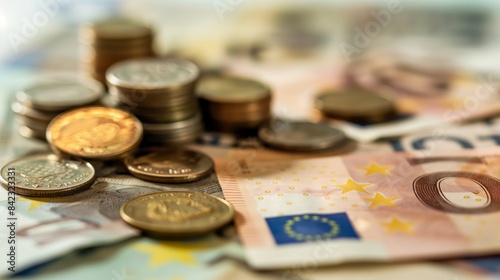 Stacked coins in different denominations on top of euro banknotes, showing financial concepts