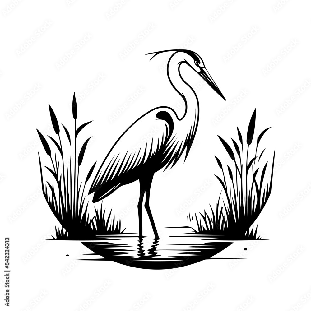 Fototapeta premium heron on water black silhouette logo svg vector, heron on water icon illustration.