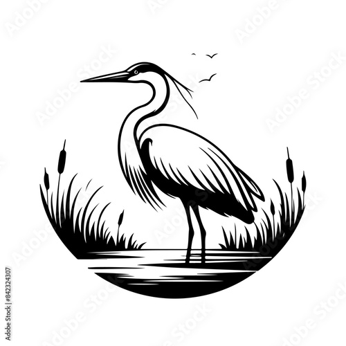 heron on water black silhouette logo svg vector, heron on water icon illustration.