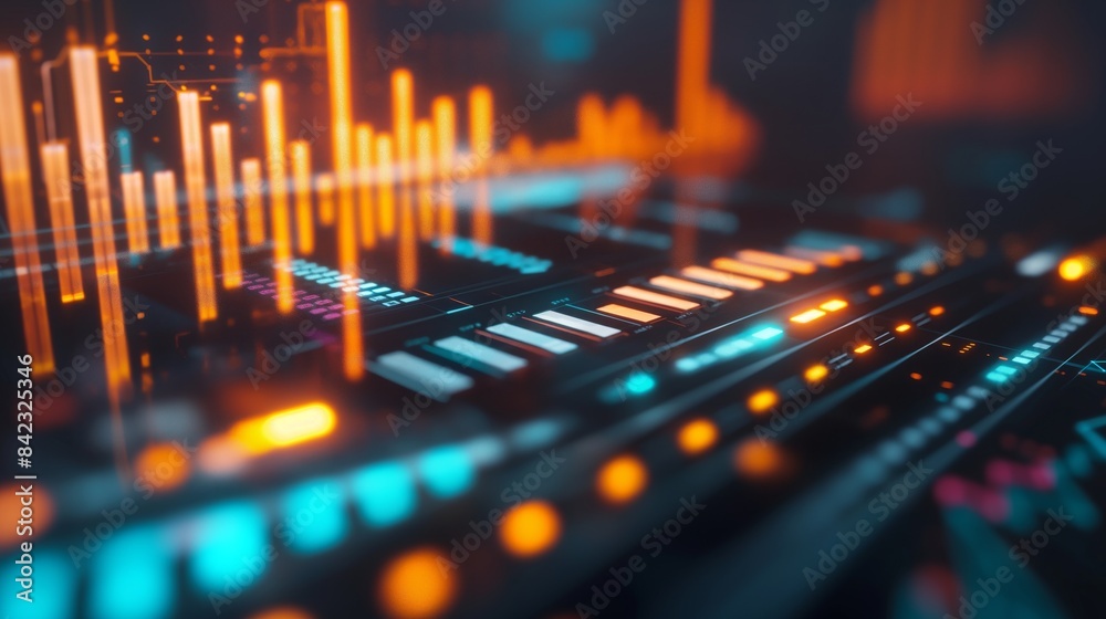 Detailed image of a digital audio mixer interface concept with futuristic design elements