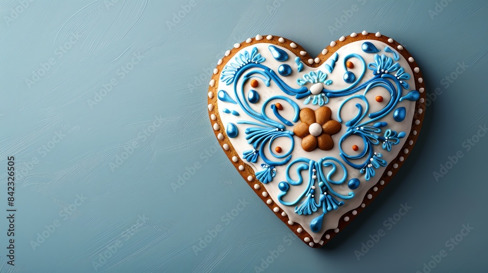 Decorated heart-shaped gingerbread cookie on a blue background.