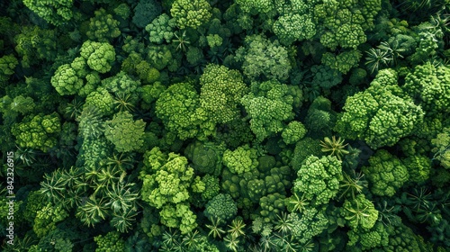 Aerial top view of green dense forest in tropical climate. © Khoirul