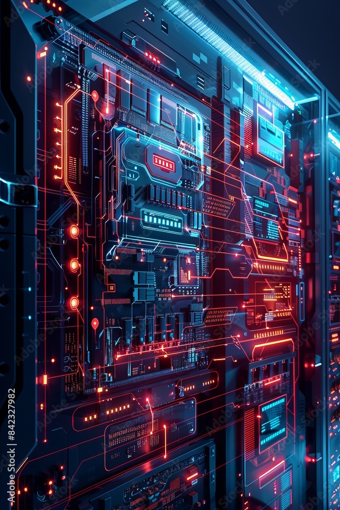 Obraz premium Close-up of server rack with glowing cables and circuits, showcasing high-tech network infrastructure in vibrant blue and red lighting.