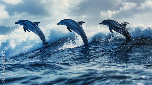 Three beautiful dolphins jumping over breaking waves Hawaii Pacific Ocean wildlife scenery Marine animals in natural habitat : Generative AI © The Little Hut