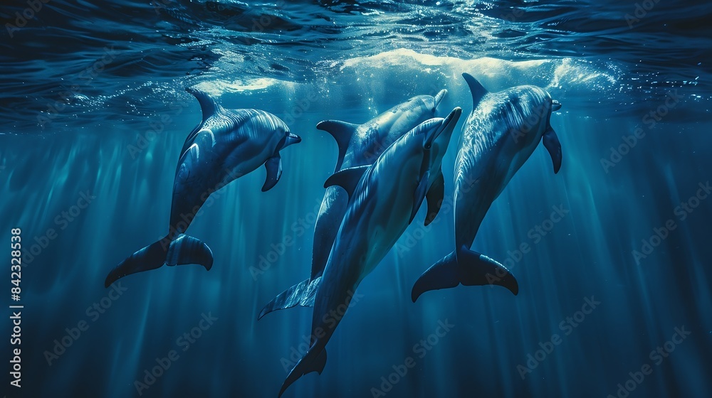 Fototapeta premium Fantastic detail in the deep clear blue water Three dolphins enjoing together Clear blue ocean water and sunlight beneath the surface of water in the background : Generative AI