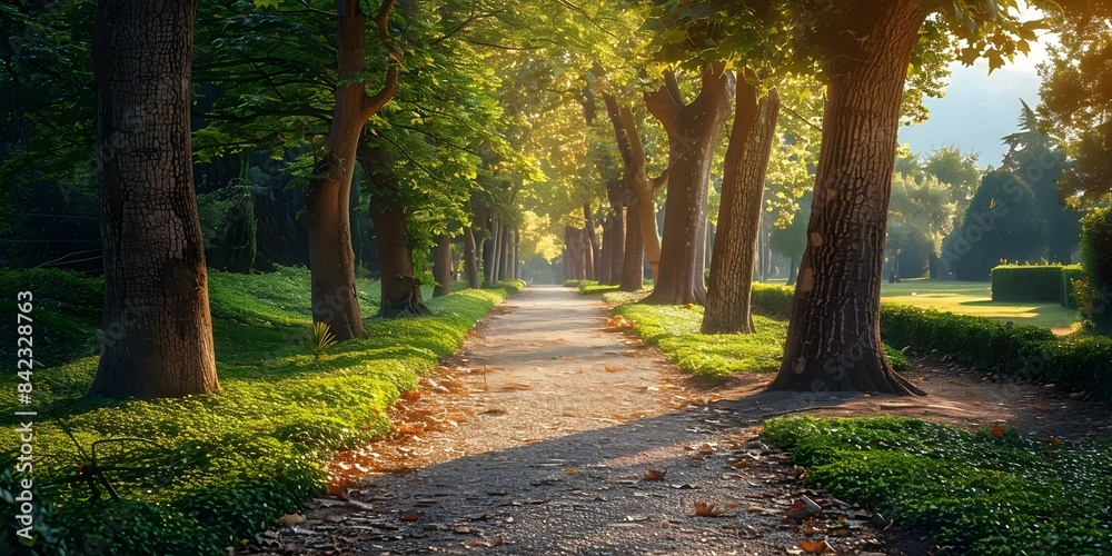 A tranquil and welcoming pathway shaded by trees. Concept Nature Photography, Serene Landscapes, Tree-lined Path, Peaceful Scenery A tranquil and welcoming pathway shaded by trees. Concept Nature Photography, Serene Landscapes, Tree-lined Path, Peaceful Scenery