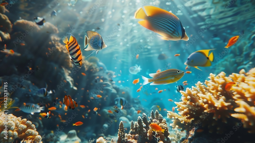 Fototapeta premium Colorful tropical fish in coastal waters Life in a coral reef Animals of the underwater sea world Ecosystem : Generative AI
