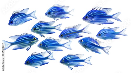 Shool of blue tropical striped fish in the ocean isolated on white background Caesio Striata Striated Fusilier swimming  deep underwater in Red Sea Flock of tropical blue fish cut out : Generative AI photo