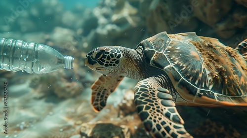 Plastic pollution problem Sea Turtle eats plastic bottle   Generative AI