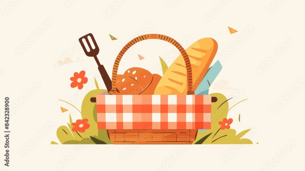 Fototapeta premium A charming and whimsical wooden picnic basket icon presented in a cartoonish and flat design perfect for web use and set against a clean white backdrop