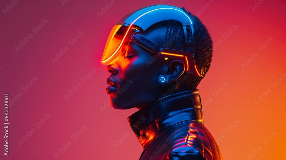 Futuristic profile of a person with high-tech visor and suit, illuminated by vibrant neon lights, embodying advanced technology and cyberpunk aesthetics. Futuristic profile of a person with high-tech visor and suit, illuminated by vibrant neon lights, embodying advanced technology and cyberpunk aesthetics.