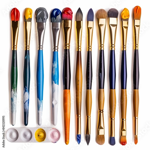 group of paint brushes and paints on a white surface