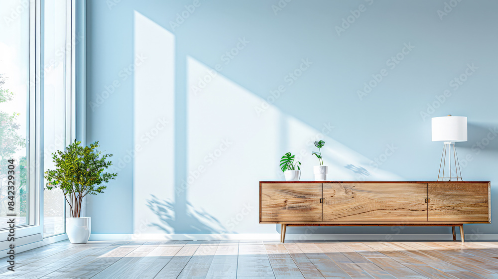 Elegant modern sideboard next to a window in a room bathed with natural lighting. Home interior composition. Elegant modern sideboard next to a window in a room bathed with natural lighting. Home interior composition.