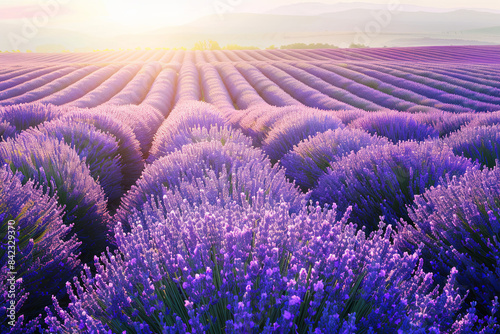 Lavender flower blooming fields in endless rows  fragrant purple landscape