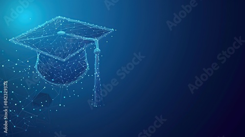 Abstract low poly wireframe of digital modern education concept with graduation hat on blue background Digital illustration symbol for online learning. copy space for text. © Naknakhone