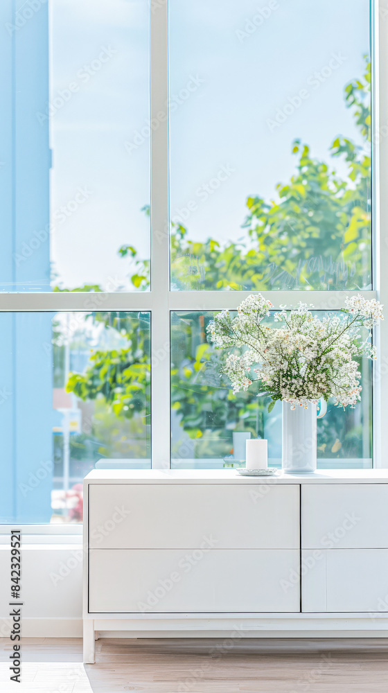 Fototapeta premium Elegant modern sideboard next to a window in a room bathed with natural lighting. Home interior composition.