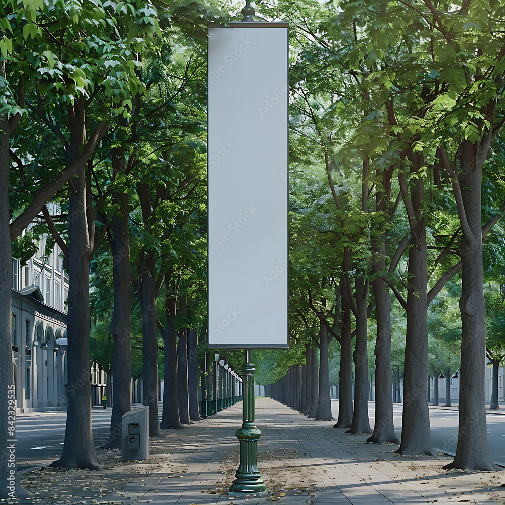 Vertical blank banner on a lamppost, narrow and shaded by tall beech trees.