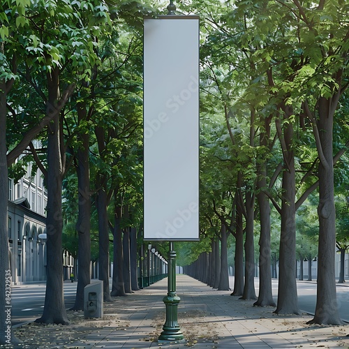 Obraz na płótnie Vertical blank banner on a lamppost, narrow and shaded by tall beech trees. w salonie