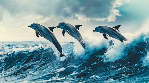 Three beautiful dolphins jumping over breaking waves Hawaii Pacific Ocean wildlife scenery Marine animals in natural habitat   Generative AI