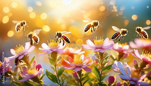 Beautiful colorful summer spring natural flower background. Bees working on a bright sunny day with beautiful bokeh