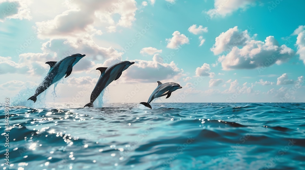 Fototapeta premium Group of dolphins jumping on the water Beautiful seascape and blue sky : Generative AI